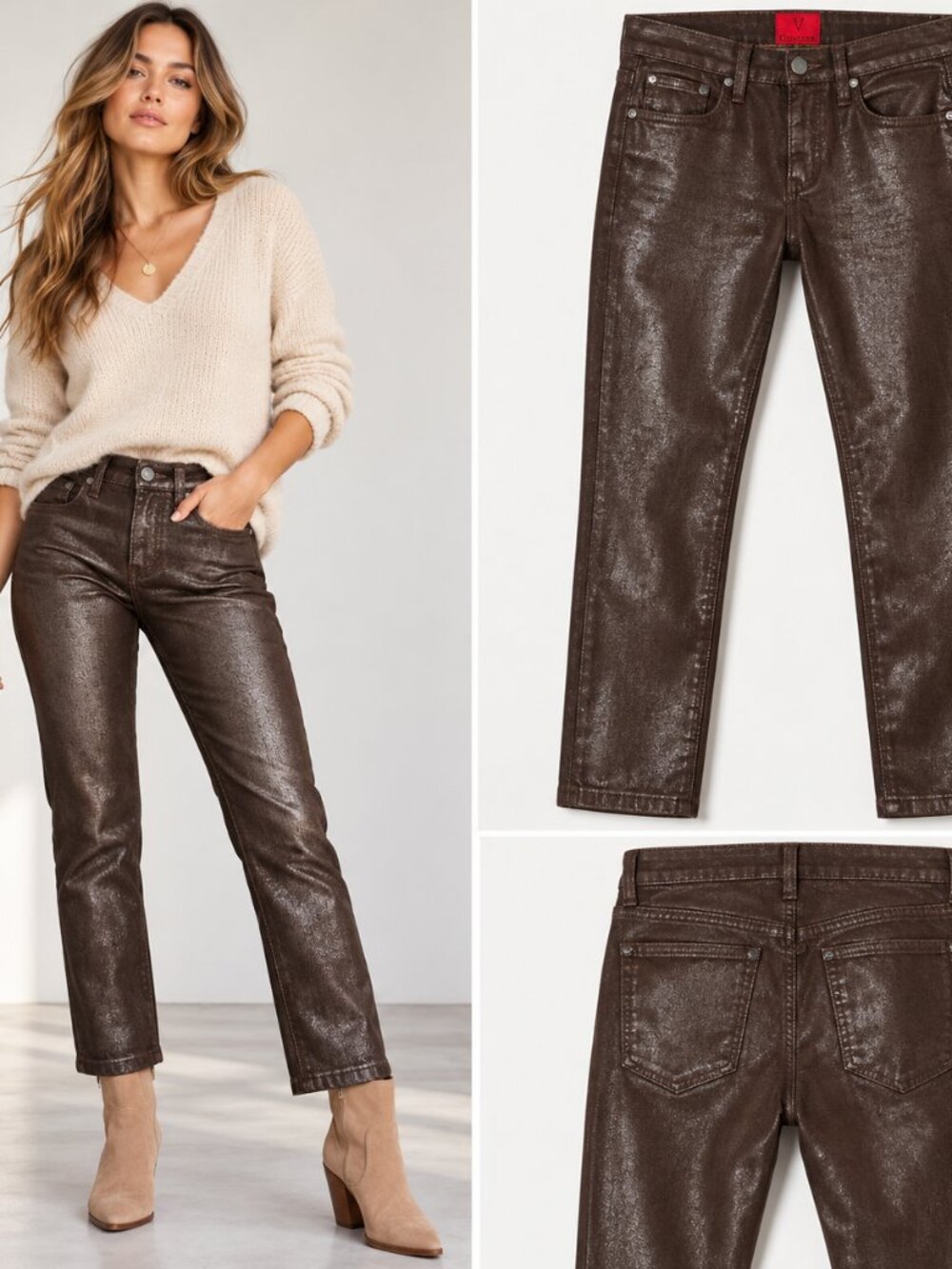 Cristina Metallic Chocolate Brown Jeans 4 Shimmer Coated Straight Leg Y2K